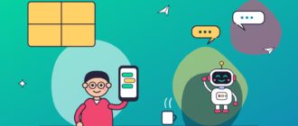 Парень в очках в кафе держит смартфон с чатом, рядом чашка кофе и маленький робот, вокруг облачка сообщений и бумажные самолётики